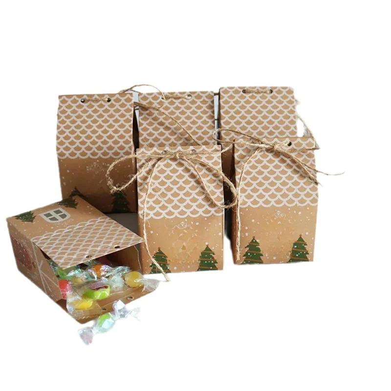 11/11/11pcs Christmas Candy Box Party Supplies Christmas Decoration House Shape Cookies Pouch Kraft Paper Gifts Packaging Box