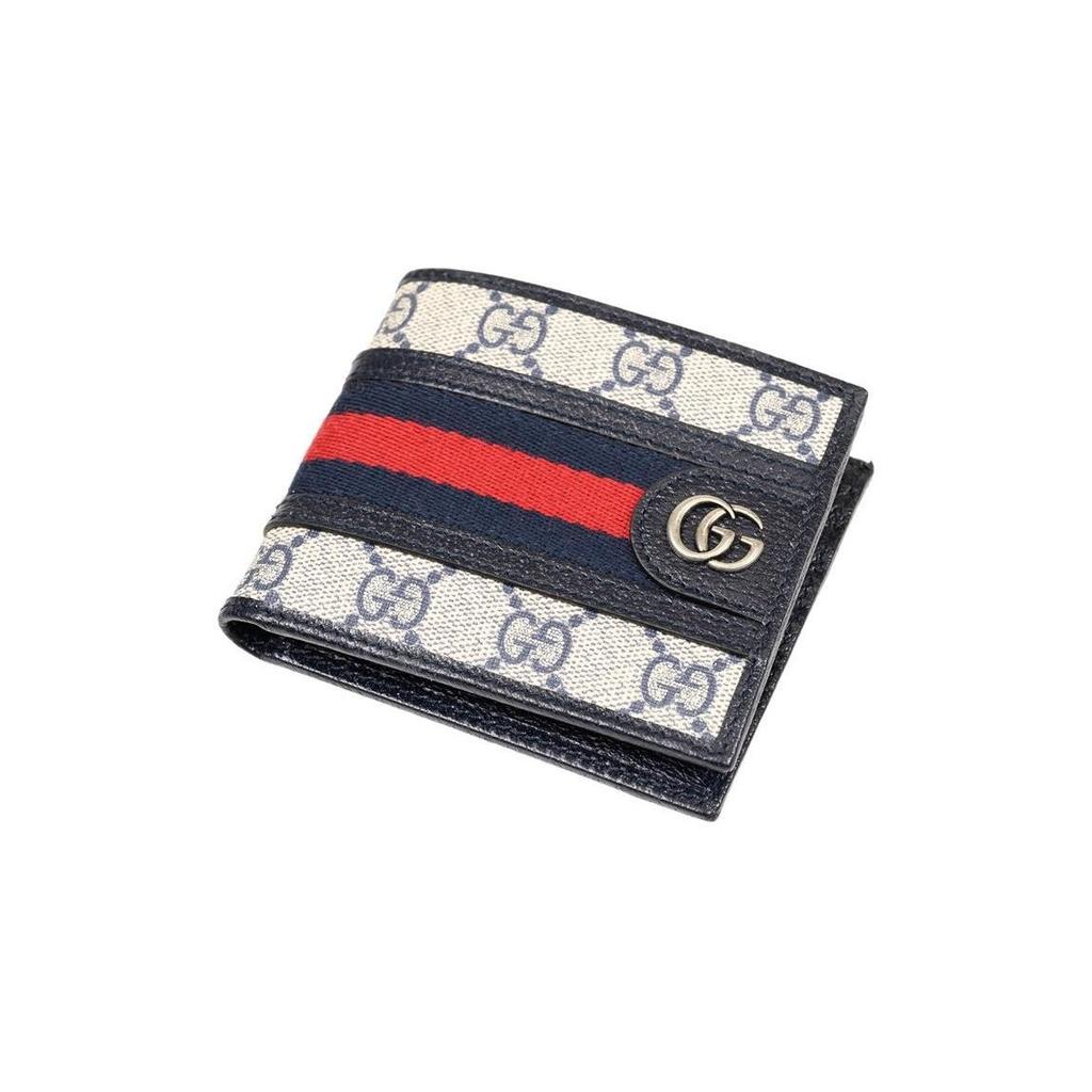 Gucci Ophidia Logo Stripe Canvas And Leather Card Holder Wallet Men Wallets Blue Beige 597606-96IWN-4076
