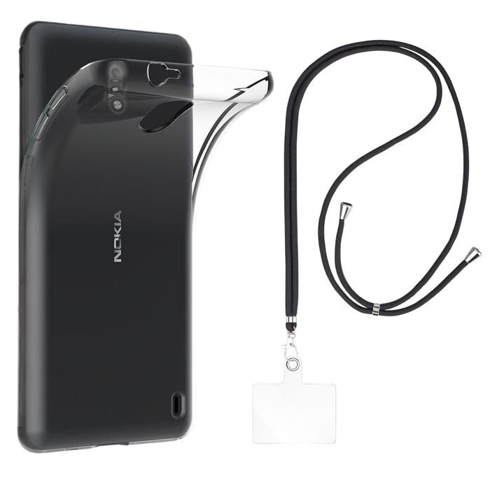 Coque et tour de cou pour Nokia 2 - TPU Souple Transparent Cordon Noir réglable Phonillico®