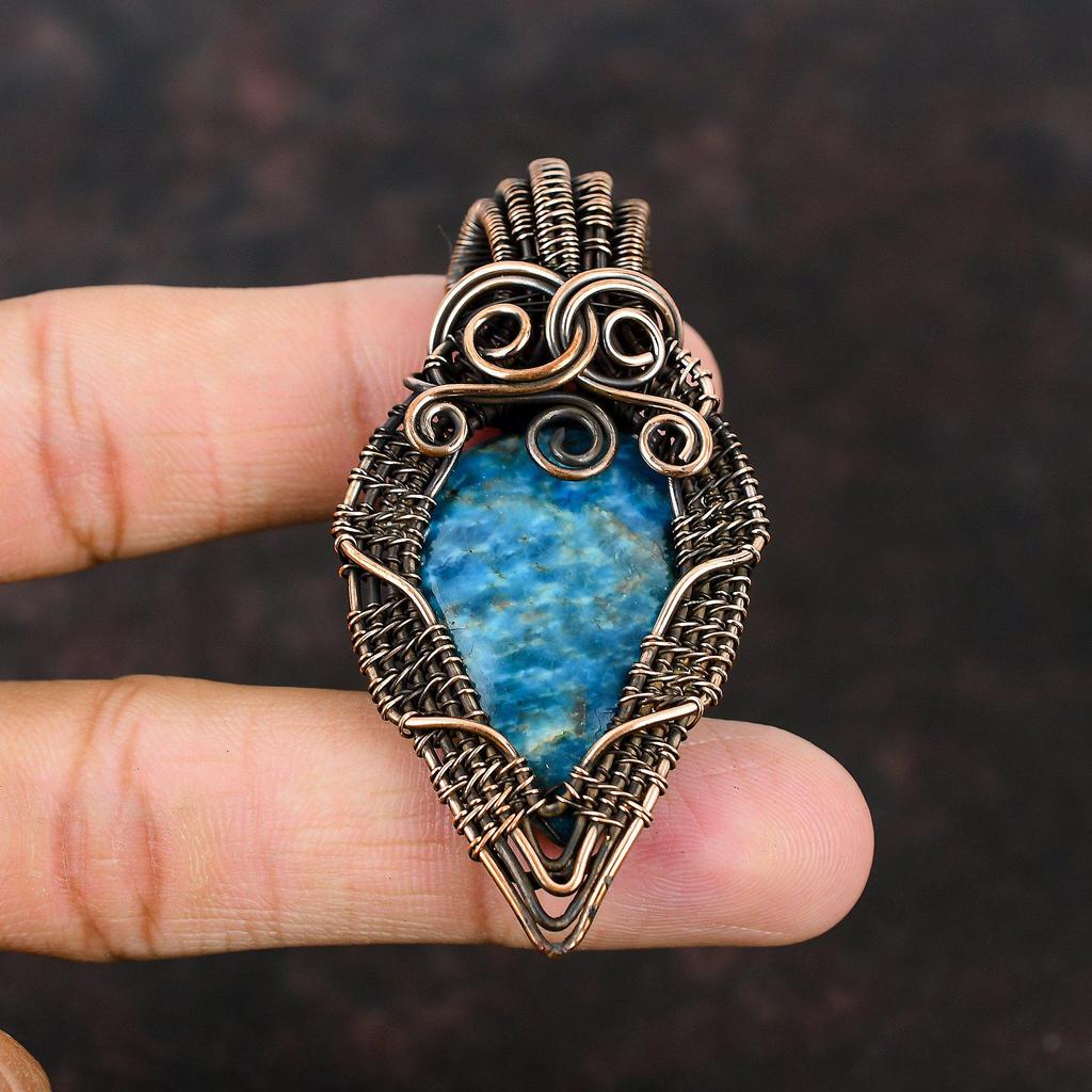 Неоновый апатитовый кулон с драгоценным камнем, обернутый в медную проволоку, ювелирные изделия из медной проволоки, кулон ручной работы, подарок для нее, дизайнерские ювелирные изделия из апатита