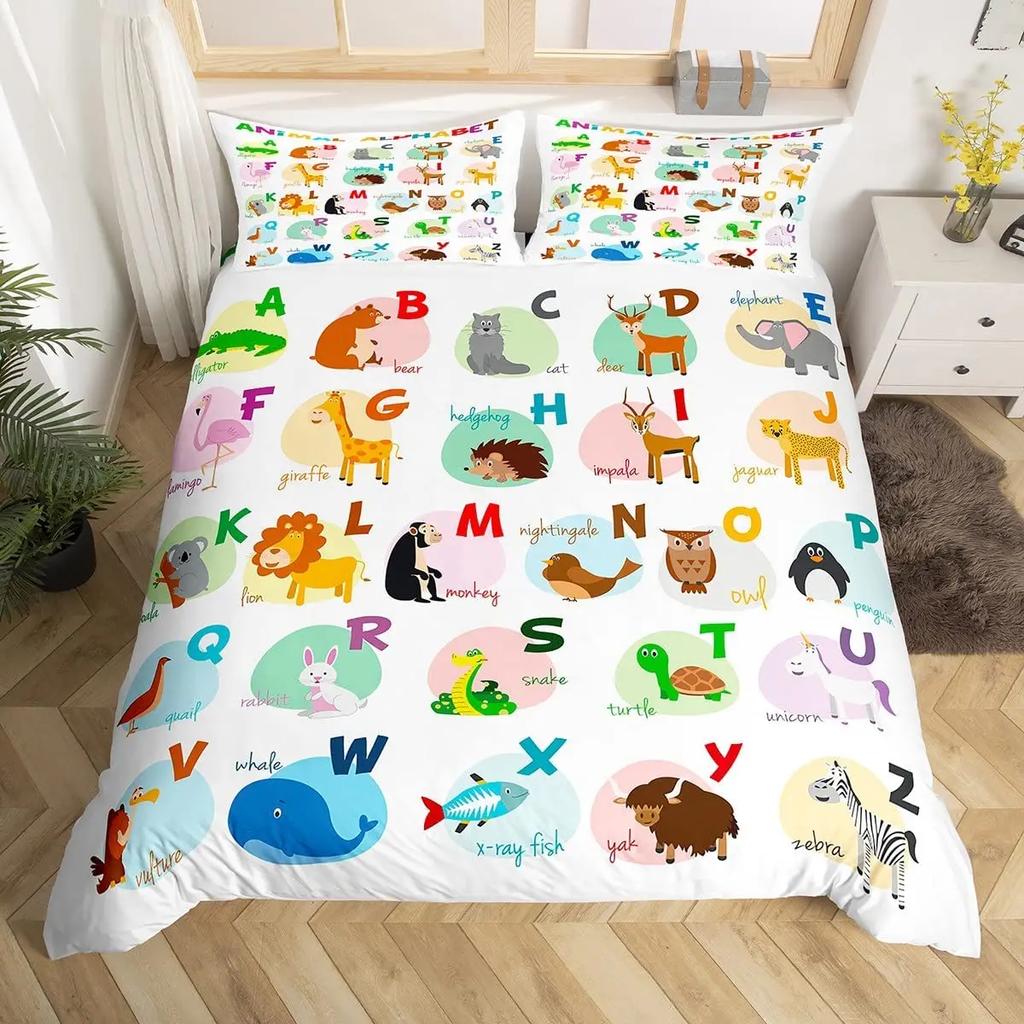 Comforter Cute Cartoon Animals Twin For Kids Boys English Alphabet Bedding Set Cute Monkey Colored Letters Comforter