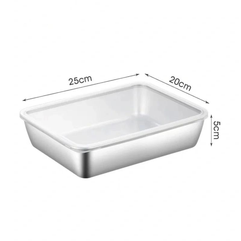 Stainless Steel Square Plate With Lid Rectangular Food Storage Pan Commercial Dish Tray Large Freshing Lunch Box Container