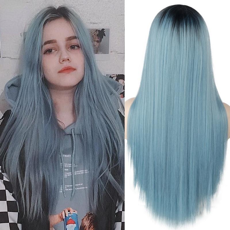 LISI HAIR Черный зеленый Ombre Длинные прямые волосы без челки для женщин 24-дюймовые парики из синтетического термостойкого волокна