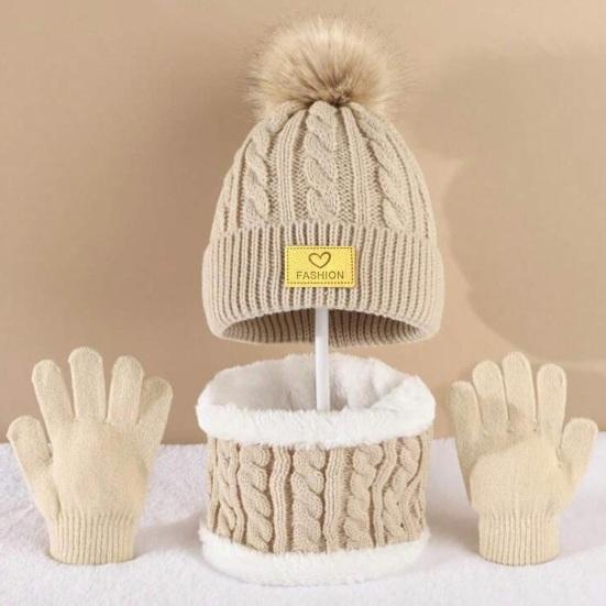 3 шт./набор Детская зимняя шапка, шарф, перчатки, комплект, Декор плюшевым помпоном, Вязаная шапка с текстурой переплетения, без полей, Вязаные перчатки, Флисовая подкладка, Набор гетр для шеи