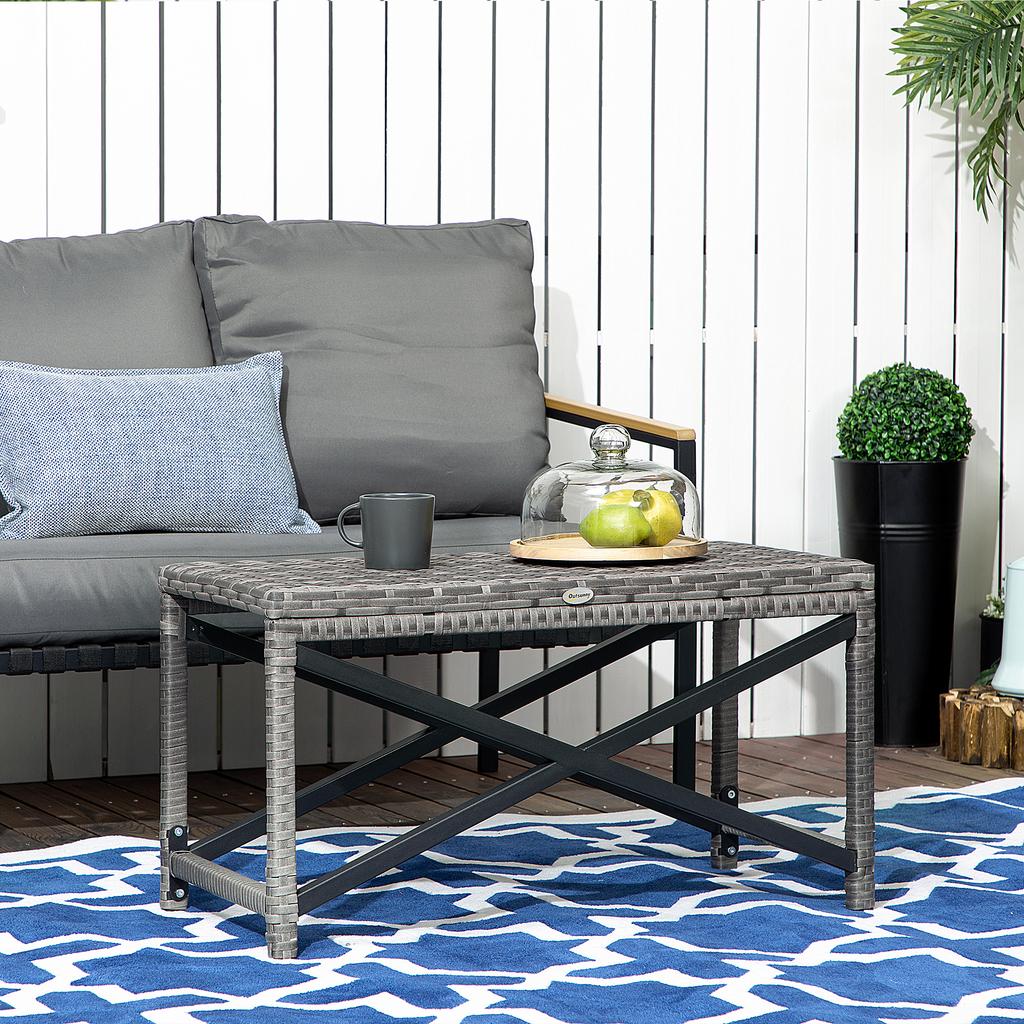 Outdoor Coffee Table, Garden PE Rattan Side Table with Plastic Board Under the Full Woven Table Top and X-Shaped Frame for Patio, Balcony, Mixed Grey