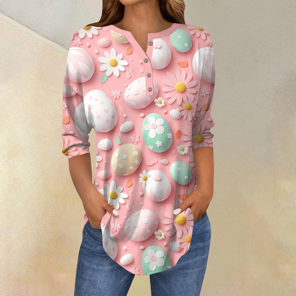 Women's 3/4 Sleeve Easter Egg Bunny Print Button Collar Fashion Casual Top