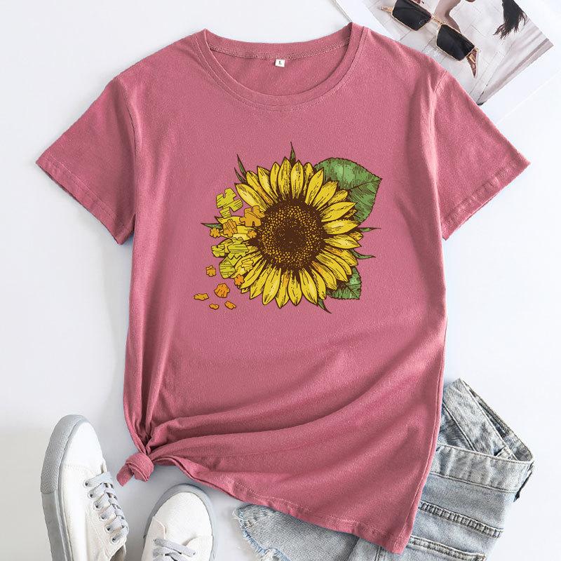 Summer Round Neck Sunflower Pattern Printed Top Fashionable Casual Short Sleeved Women's Pure Cotton T-shirts