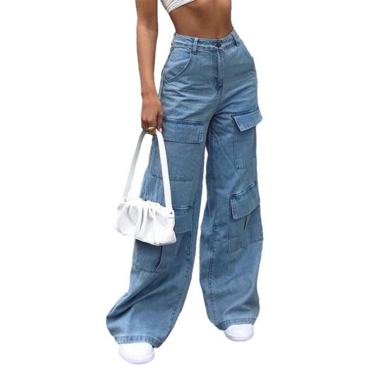 Женские джинсы с высокой посадкой, на пуговицах и молнии, прямые широкие джинсовые брюки с многокарманным дизайном, однотонные джинсовые брюки