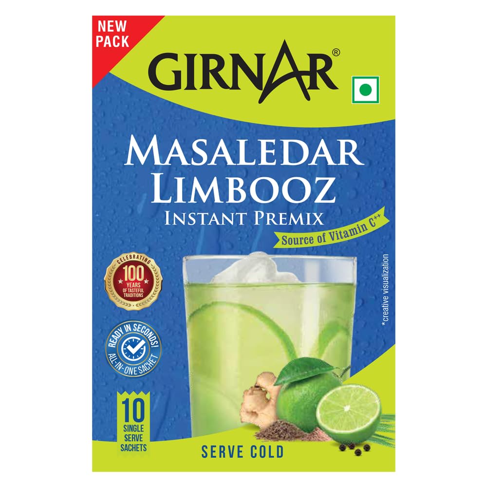 Girnar Masaledar Limbooz Instant Lemon Drink With Ginger, Lemongrass & Cumin, 10 Sachets Box, Refreshing Summer Beverage