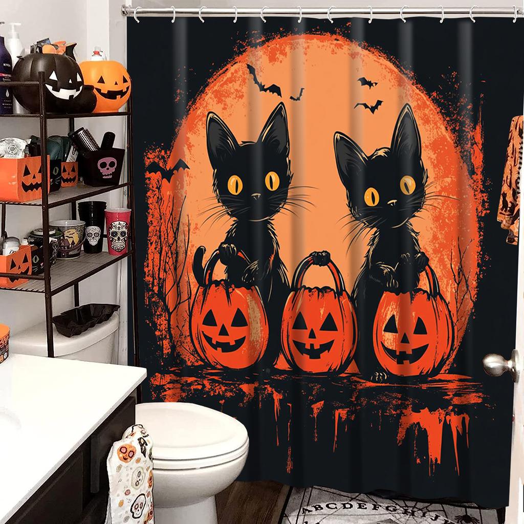 Halloween Cats Pattern Bathroom Shower Curtain With 12  Hooks Home Bathroom Decor And Accessories