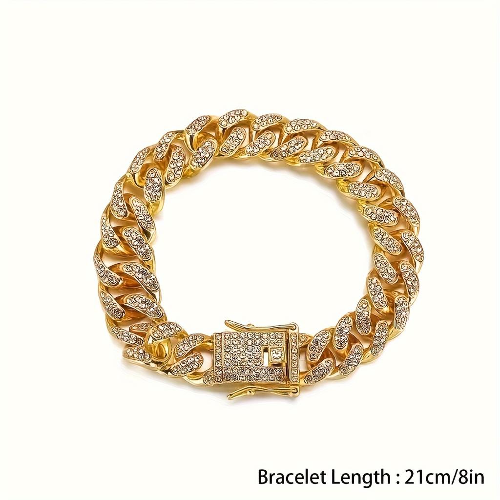 Iced Out Shiny Rhinestone Cuban Chain Necklace/Bracelet Bling Bling Zinc Alloy Jewelry