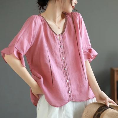 Хлопок лен женские блузки рубашки в китайском стиле свободные летние с круглым вырезом винтажная одежда однотонные короткие рукава женские топы