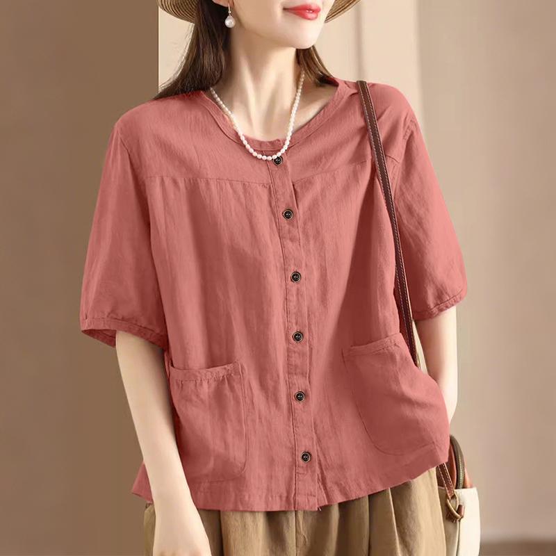 ZANZEA Женская повседневная блузка с круглым вырезом и коротким рукавом, с карманами в стиле пэчворк