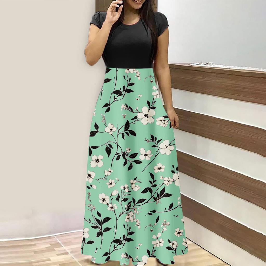 Женская мода повседневные свободные принтованные платья с круглым вырезом и коротким рукавом длинные платья с коротким рукавом длинные платья