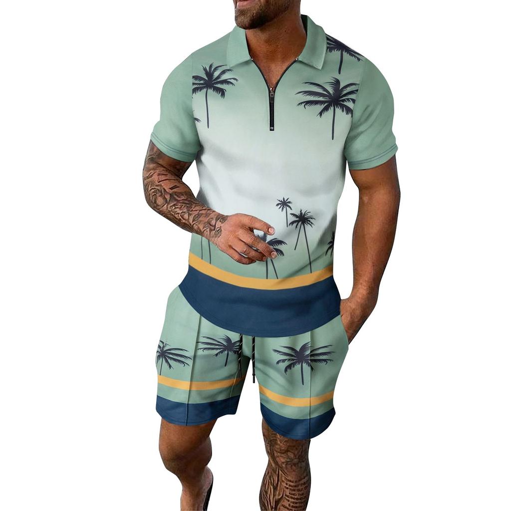 Мужской летний костюм с короткими рукавами и короткими шортами на молнии с принтом, мужской повседневный спортивный костюм