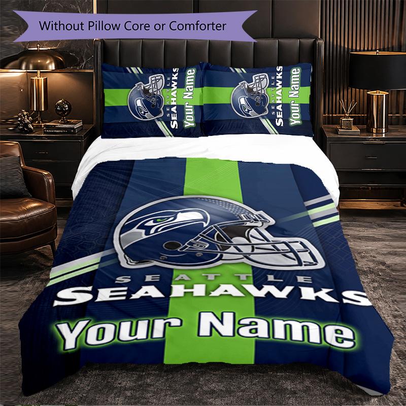 Индивидуальный комплект постельного белья Seattle Seahawks с именем, 1 пододеяльник и 2 наволочки, Персонализированный подарок для спальни