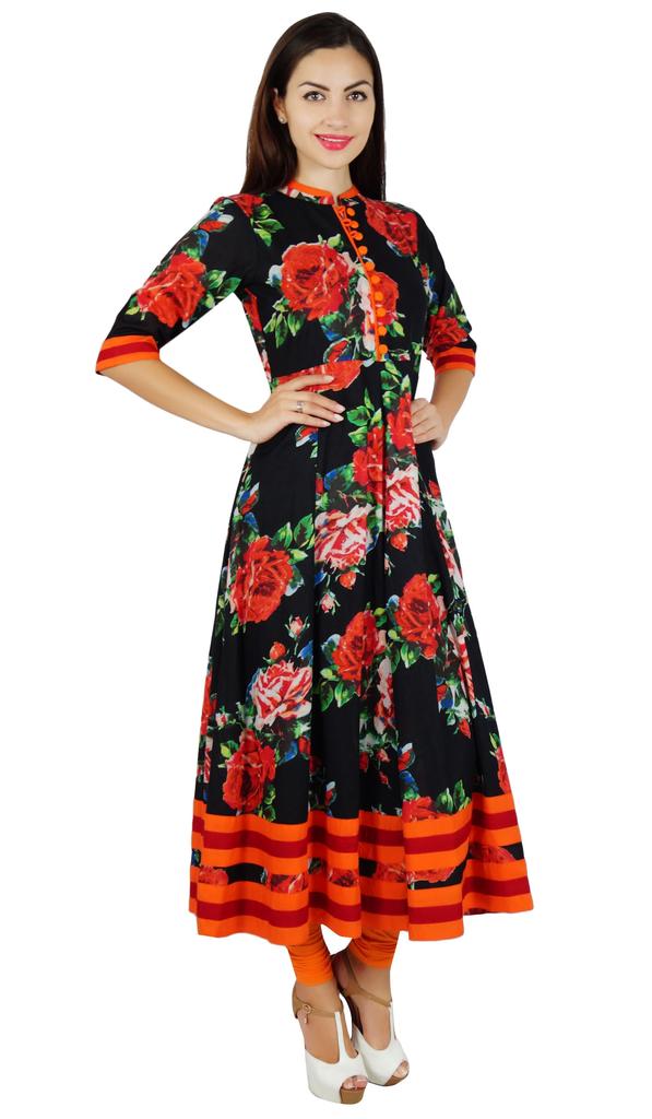 Bimba Women Printed Mandarin Collar Anarkali Kurti Indian Designer Ethnic