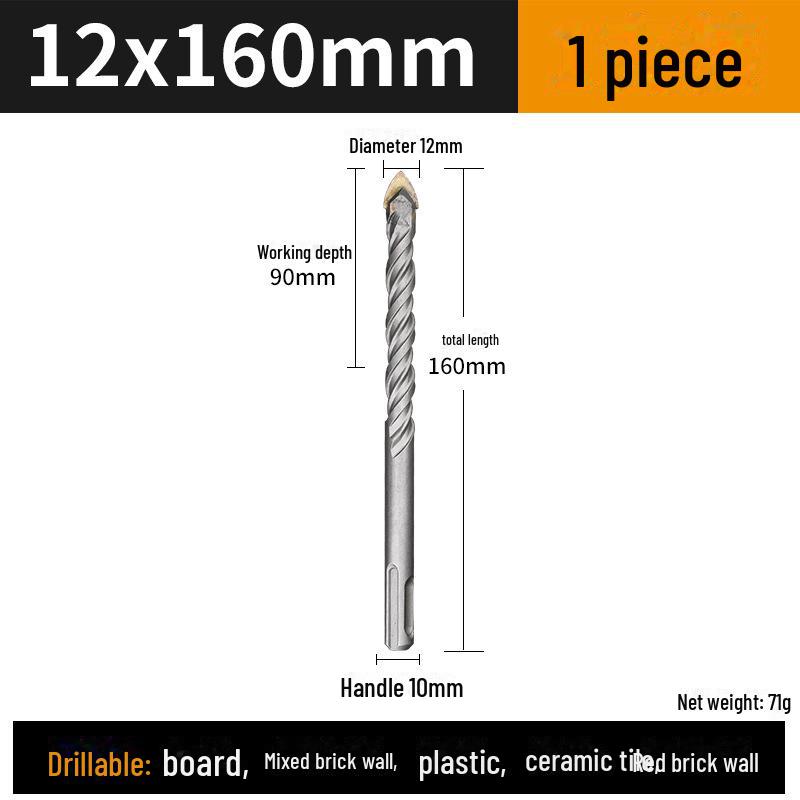 Light Electric Hammer Special Ceramic Glass Drill Bit - Round Handle, Triangle Alloy Tip, Ideal for Cement Walls and Brick Openings.