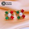 Natural Freshwater Pearl Earrings For Women Fashion Gold Color Green and Red Flower Stud Earrings Party Jewelry
