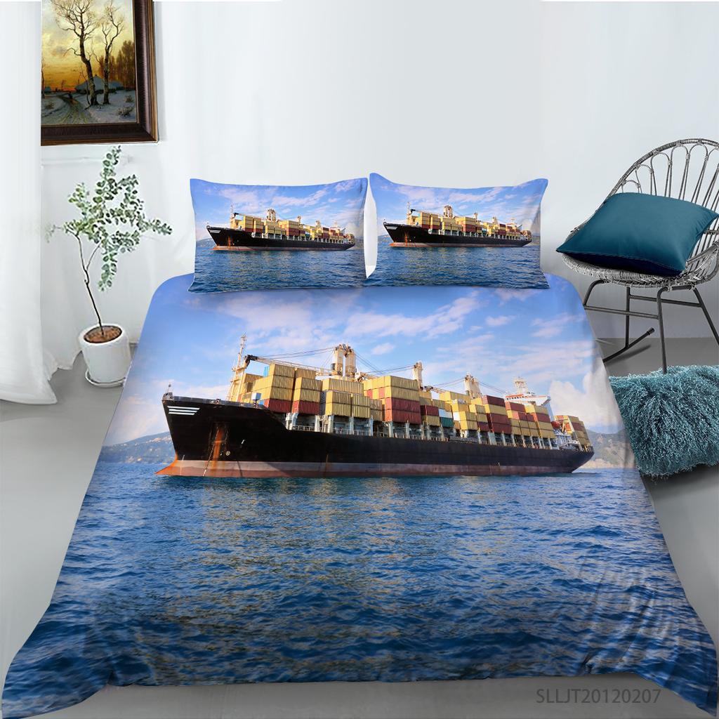 3D Ship Duvet Cover Set King Queen Size Large Freighter Container Print Bedding Set Blue Sea 2/3pcs Polyester Comforter Cover
