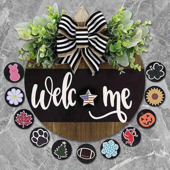 Деревянный приветственный знак, деревенский круглый дверной знак со сменными аксессуарами, венок, приветствие