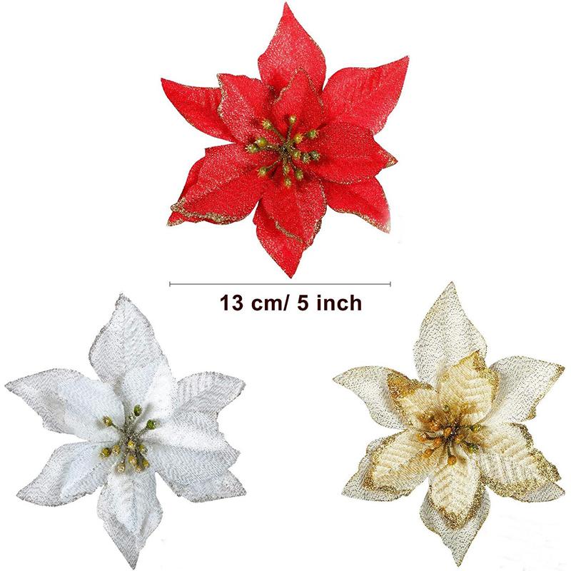 13CM Christmas Decoration Artificial Glitter Flowers Floral for Xmas Tree Ornament New Year Party Home Decoration Navidad