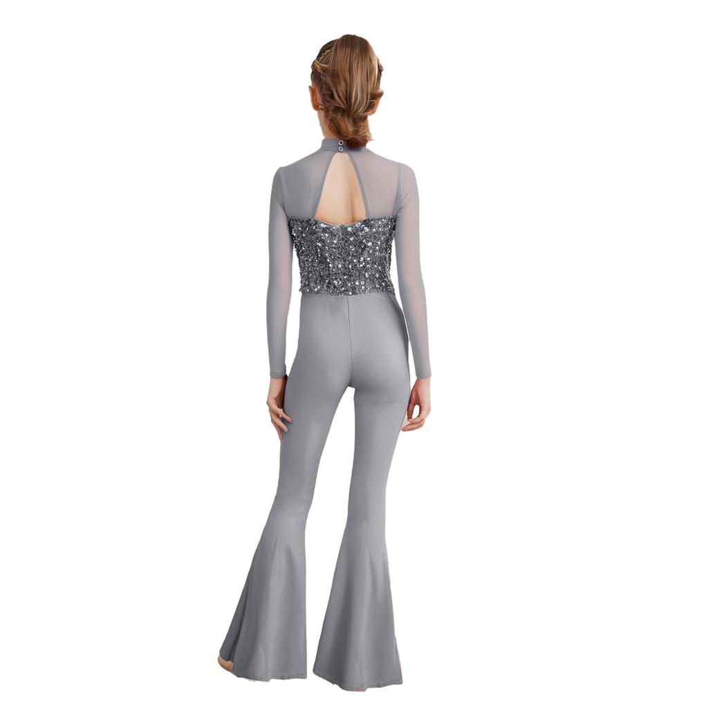Костюм для джазового танца для девочек, комбинезон с длинными рукавами и вырезом на спине из прозрачной сетки, расширяющийся книзу, с пайетками
