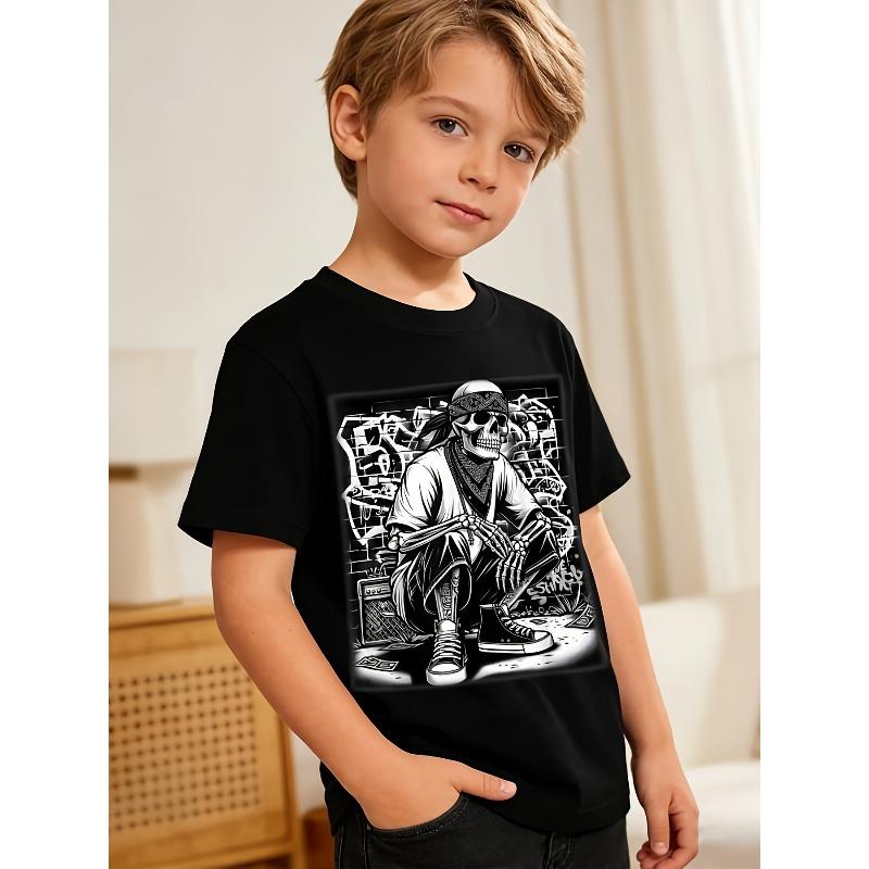 Boys Crewneck Short Sleeve Tee, Cool Chicano Mexican Gangster Skeleton Print Comfort Casual Top