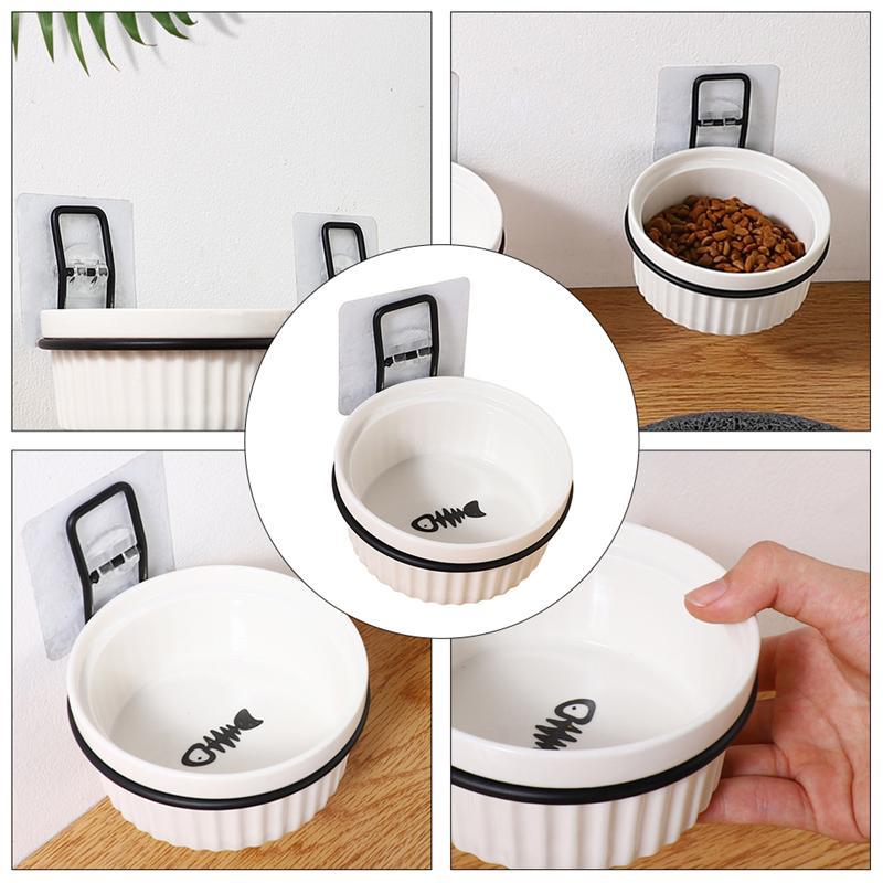 1 set wall food container for cat ceramic feeding hanging hanging bowl for animals repaired bowl for cat (white bowl + wall shelf) | dog food