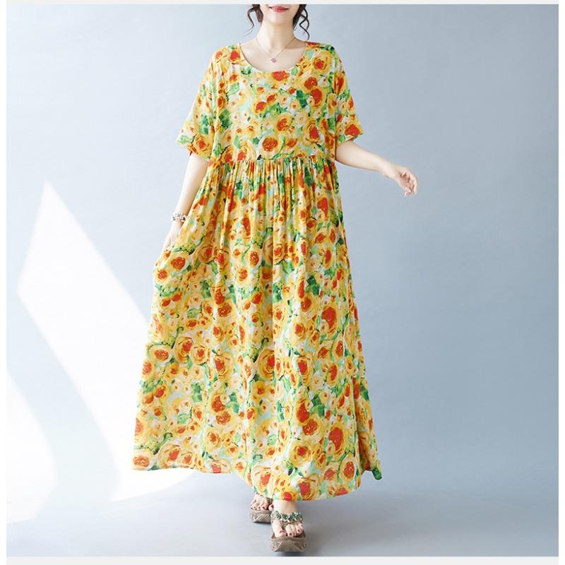 Женское платье больших размеров, простое модное богемное длинное платье, летние платья с коротким рукавом и круглым вырезом с принтом