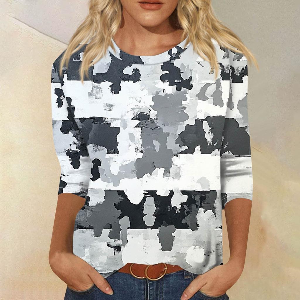 Женская модная повседневная свободная футболка с круглым вырезом и рукавами 3/4 с принтом, женский топ