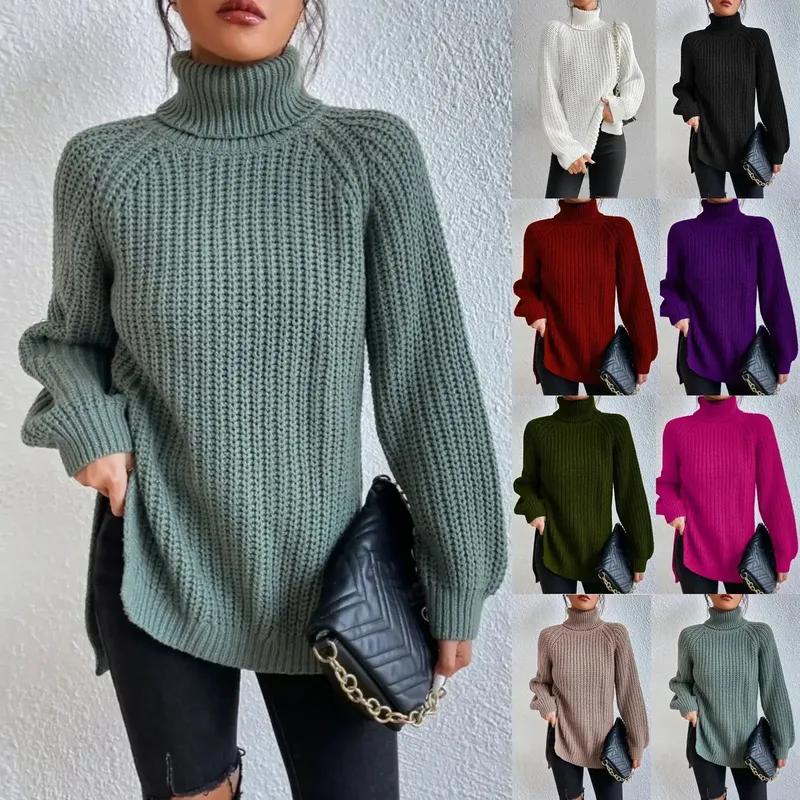 Autumn/Winter Soft Knitwear Fashion Raglan Long Sleeve Turtleneck Split Sweater Casual Warm Solid Mid-length Pullover 29572