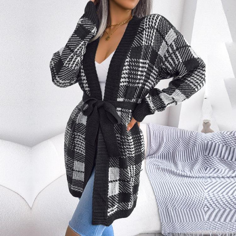 Plaid Lantern Sleeve Knitted Cardigan Sweater with Strap Design Women Autumn Winter