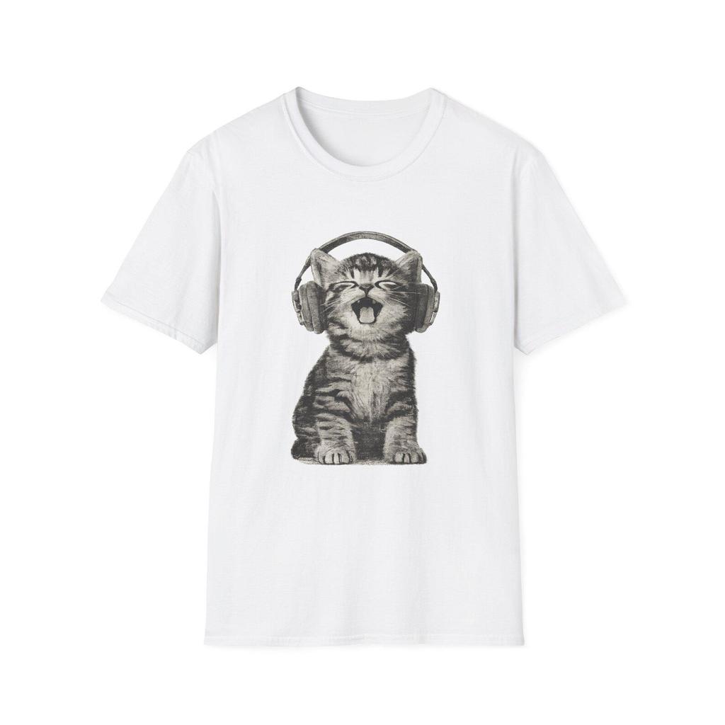 Kitten with Headphones Tee | Vintage Sketch Cat Music T-Shirt and kids tshirt