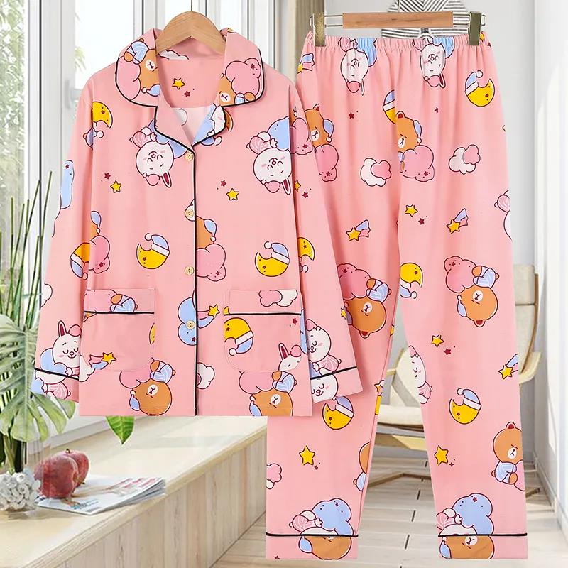 Весенне-осенне-летний хлопковый пижамный костюм для женщин и девочек с милым принтом и большим размером, тонкий домашний костюм с длинными рукавами