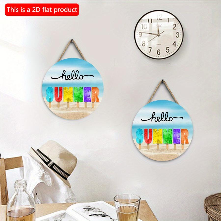 2D Flat 20*20cm 1pc Hello Summer Cool Letters Popsicle Pattern Good Quality Hanging Ornament, Cool Ocean Beach Scenery Home&Wedding&Marine Party Round