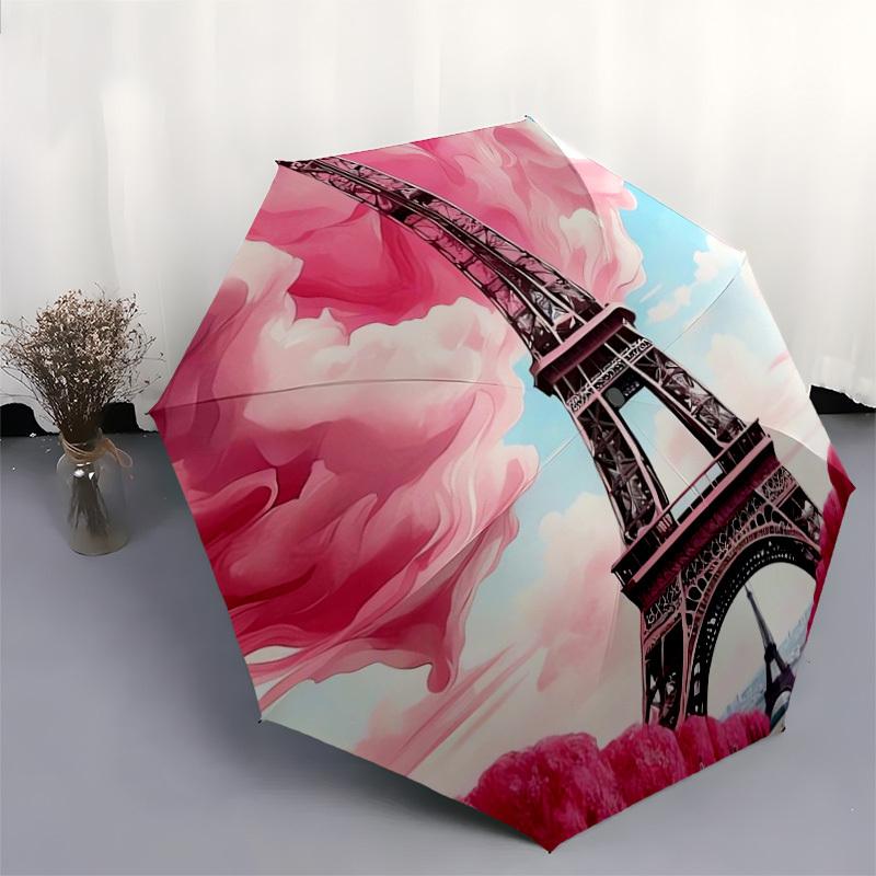 1pc Eiffel Tower Pink Clouds Paris Romance Umbrella with Plastic Handle,Suitable for All Seasons Home Travel Outdoor UmbrellaDD369