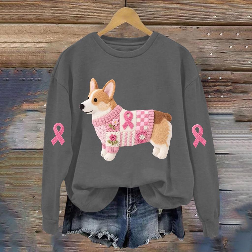 Breast  Sweatshirts For WomenRibbon Breast  Shirt Cute Dog Graphic  Long Sleeve Tops