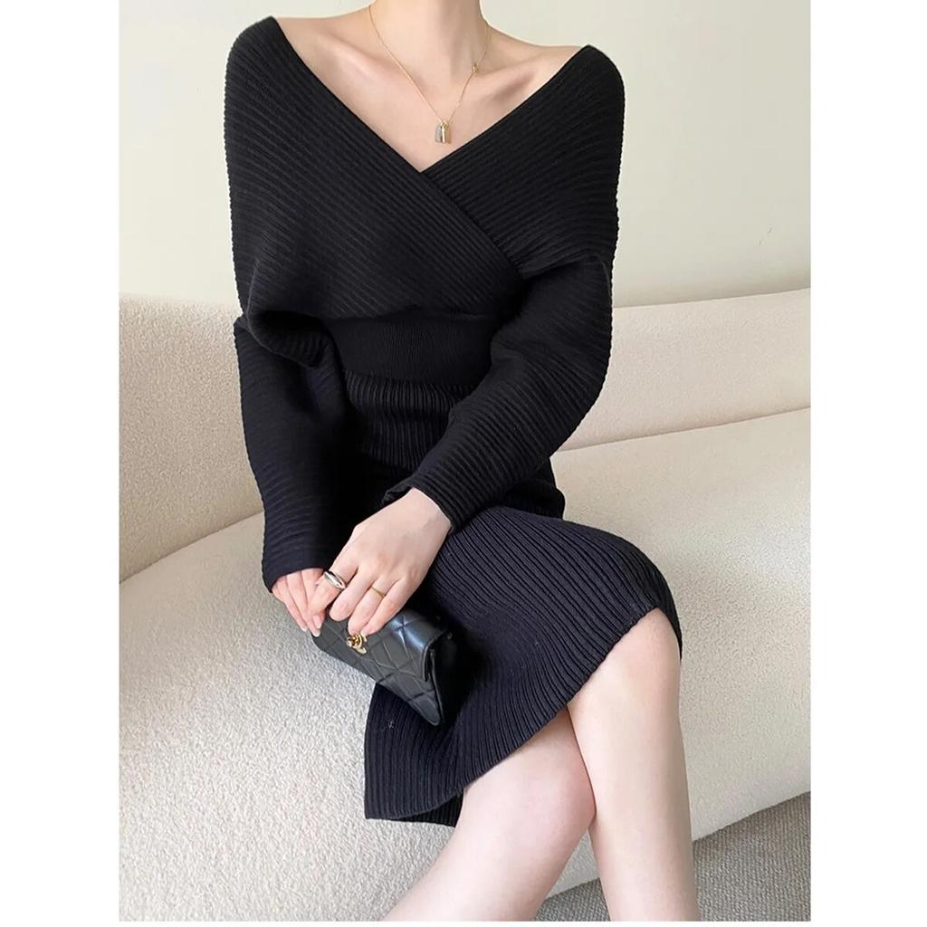 Knitted Sweater Dress Women Autumn Winter V-neck With Long Slim Knit Dresses Female High Waist Elegant Evening Party Dress