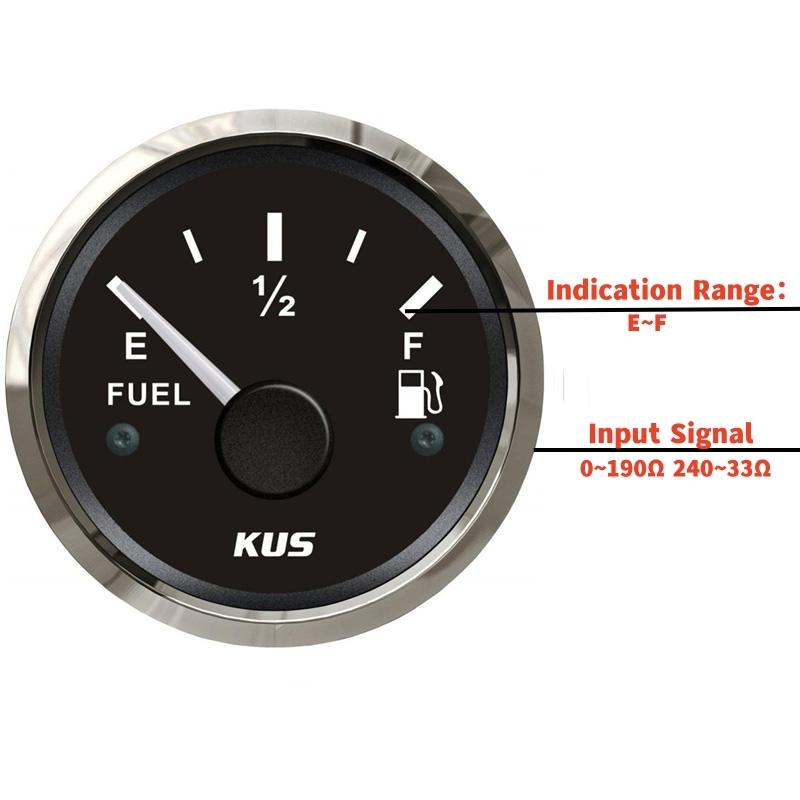 KUS 52mm Pointer Fuel Level Gauges 0-190ohm / 240-33ohm Input Signal Fuel Level Meters with Red or Yellow Backlight for Car Boat