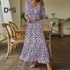 Женское весенне-осеннее платье с V-образным вырезом, свободное, с рукавом до локтя, длиной до щиколотки, с цветным принтом, пэчворк, пуловер, А-силуэта, с большим подолом, мягкое, леди, макси-платье