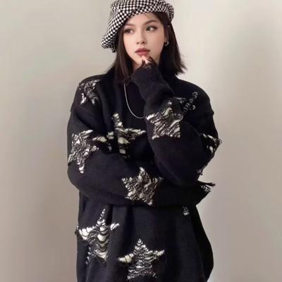 Женский свитер свободного кроя со звездами и круглым вырезом, длинный рукав, свитер, топ, трикотаж на осень-зиму