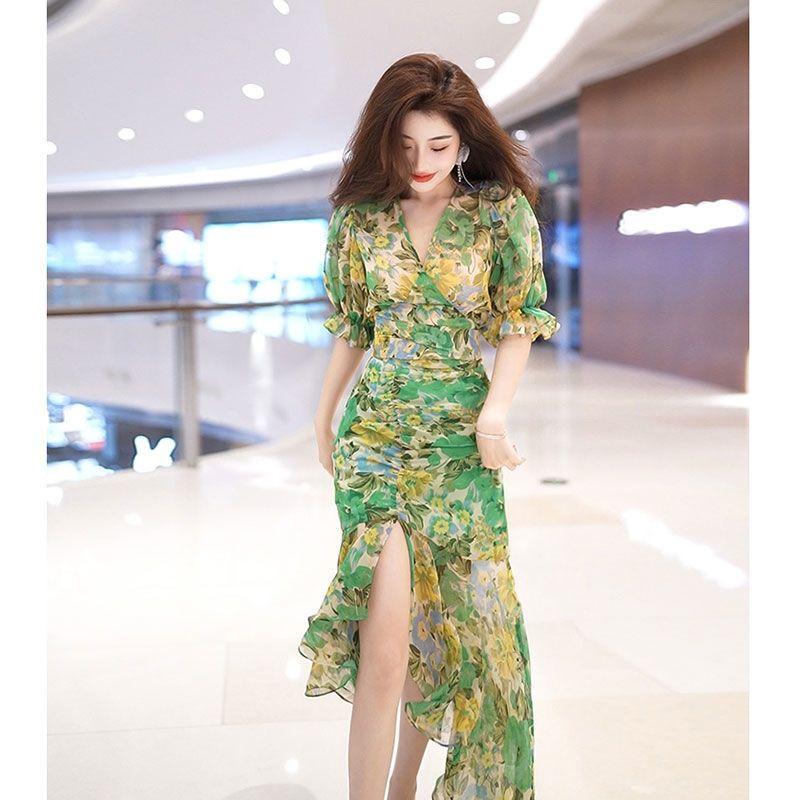 Новый летний модный стиль, облегающее талию платье, темно-зеленая юбка с принтом