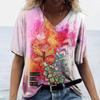 2025 Summer Women's T-shirt Retro Casual V-neck Pullover Short-sleeved Butterfly Print Loose Daily