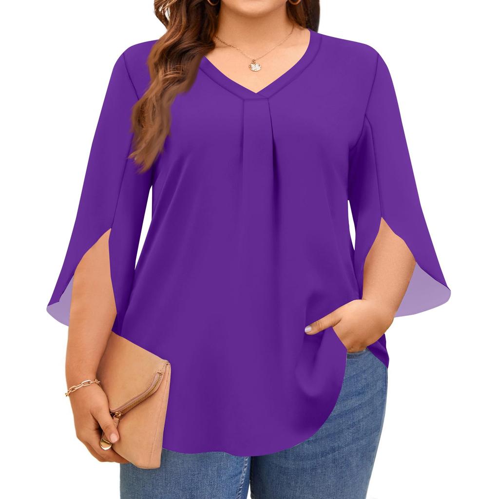 Women's Solid Color V-neck Plus Size Tops 3/4 Sleeves Elegant Shirt Tops