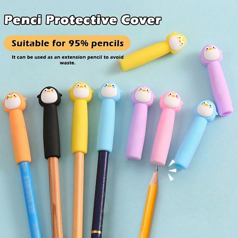 6pcs/12pcs Penguin Shape Pencil Extender Soft Rubber Pen Cap Cartoon Pencil Nib Protector  Children