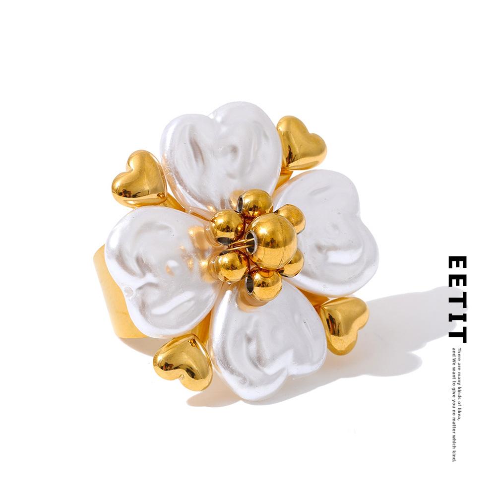 Eetit #7 Stainless Steel Imitation Pearls Flower Golden Handmade PVD Ring Trending Metal Fashion Elegance Popular Jewelry Gift
