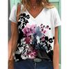 Fashion Spring Flower Print Blouses Short Sleeved V-Neck T Shirts Casual