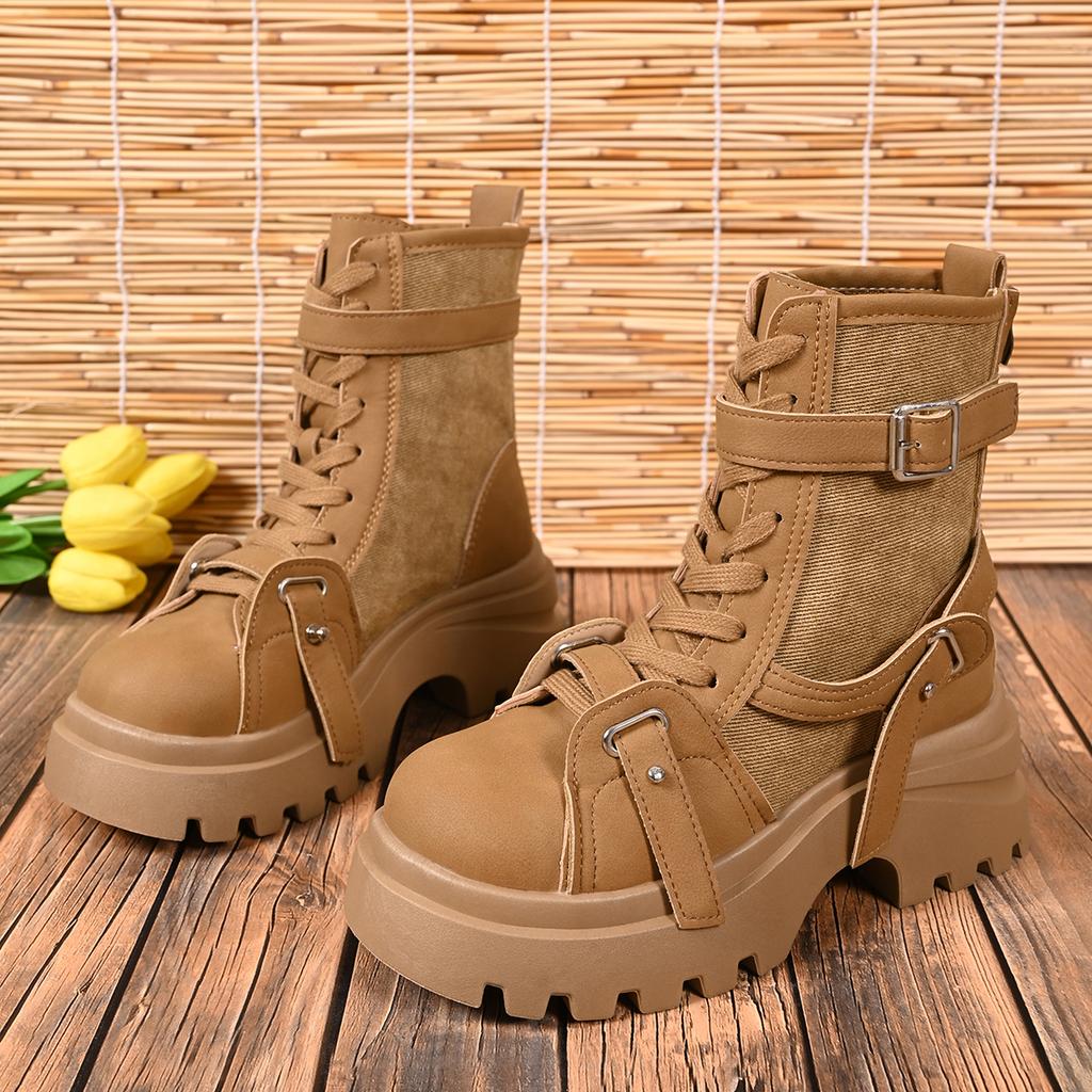 Fashion Autumn Winter Women's Gladiator Boot Chunky Heels Leather Punk Platform Shoes Buckle Motorcycle Boots Goth Chelsea Mujer Zapatos