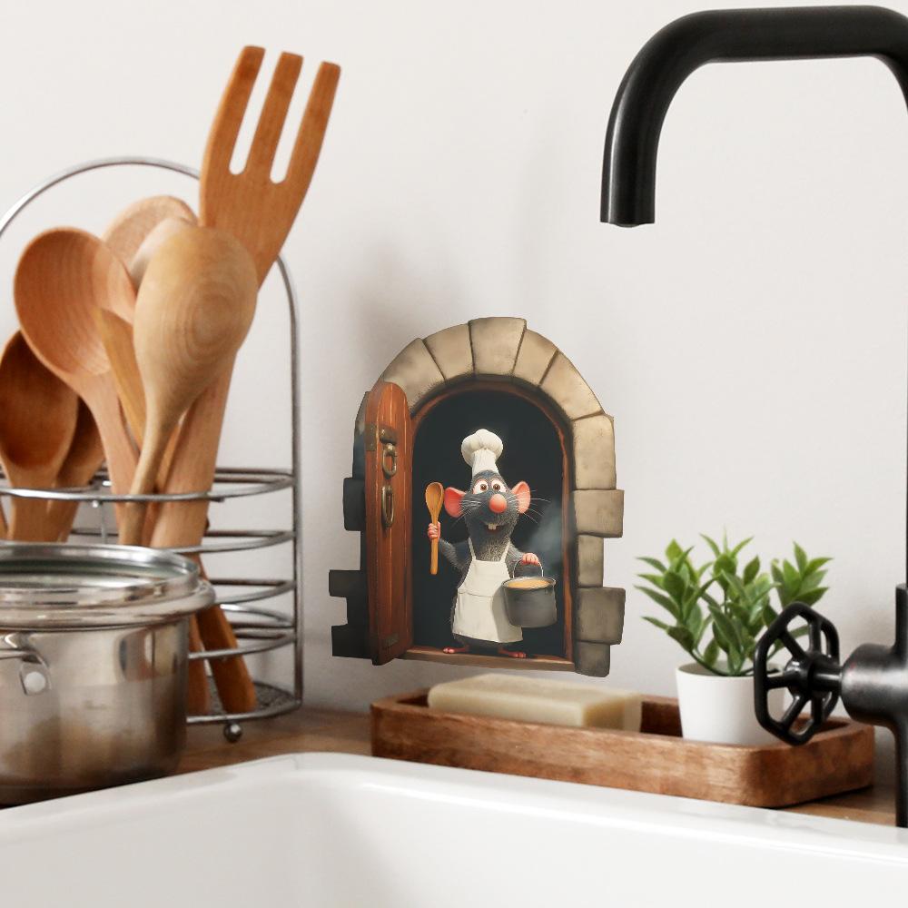 Мультяшная мышь-повар у норки Настенная наклейка для кухни, столовой, домашнего декора Самоклеящаяся съемная декаль